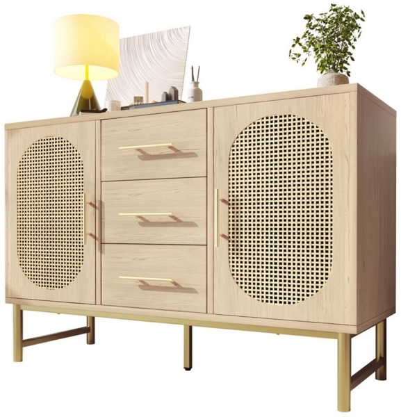 Flieks Kommode, Schrank Sideboard mit 3 Schubladen 2 Türen Rattan Eiche 120x40x74cm