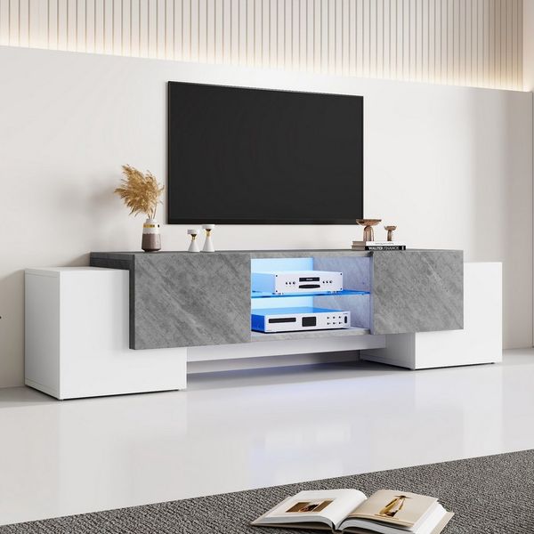 KLAM HOME Lowboard Weißer und grauer Hochglanz-TV-Schrank mit LED-Aufbewahrungsfunktion (180x40x46.5cm TV-Möbel, Fernsehtisch,TV Board), Geeignet für Fernseher 60/65/70 Zoll, für Wohnzimmer