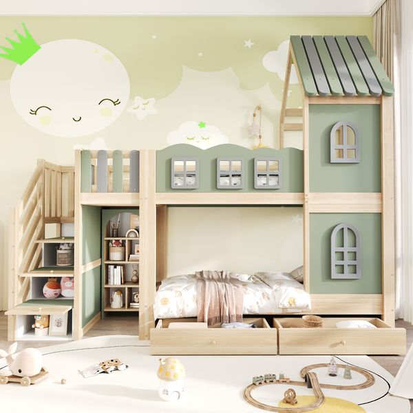Kinder-Etagenbett 90x200 cm, Mit Bettgitter in Wolkenform, Dachkonstruktion Mit Fenstern, Stauraumleiter, Regalen und Schubladen, Kinderbett aus Holz, Bett für Jungen und Mädchen, Doppelbett, Grün