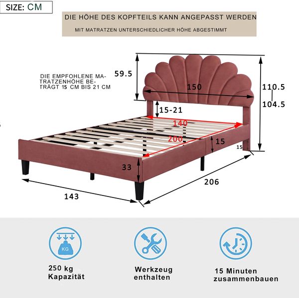 Polsterbett 140×200 cm mit Samtkopfteil, stabiler MDF-Rahmen, 12 Latten, robustes Plattformbett, Bohnenpaste rot Bild 8