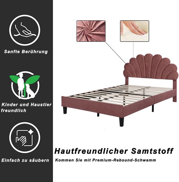 Polsterbett 140×200 cm mit Samtkopfteil, stabiler MDF-Rahmen, 12 Latten, robustes Plattformbett, Bohnenpaste rot Bild 5