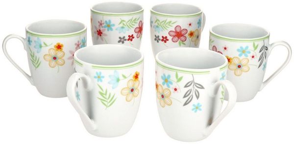 MamboCat Becher 6er Set Variant Blümchen Kaffeebecher 350ml bunte Porzellantassen, Porzellan