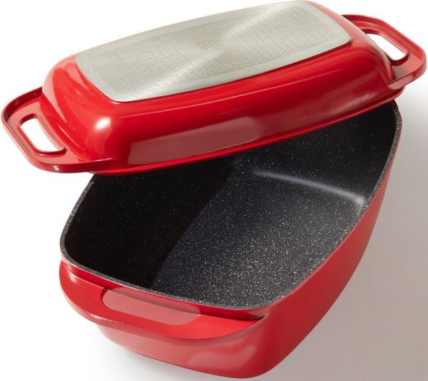 STONELINE Bräter mit Aluguss-Deckel auch als Auflaufform verwendbar (43x26, rot), Aluminiumguss (Set, 2-tlg, 1x Aluguss Bräter, 1x Deckel), Multifunktions-Bräter, induktionsgeeignet, Designed in Germany