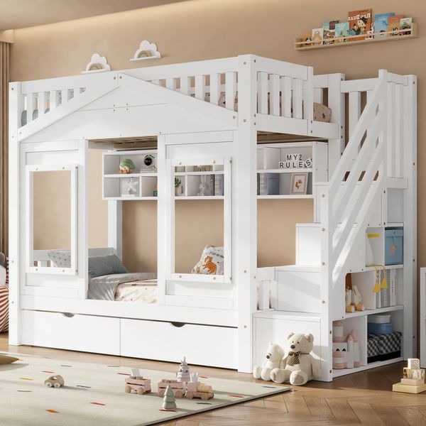 Merax Etagenbett, Hochbett, Kinderbett 90x200 cm mit Rausfallschutz und Stauraumtreppe, Jugendbett, mit Fenster, Massivholz, weiß