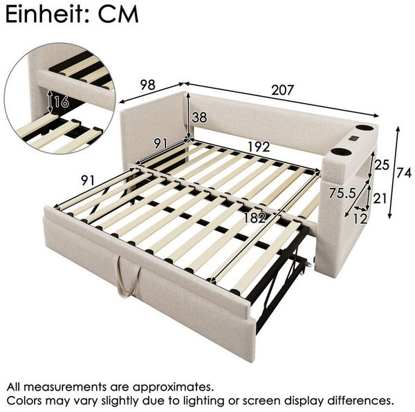 Celya Polsterbett Daybett, Einzelbett Schlafsofa mit Ausziehbett, Leinen-Mischgewebe (90x190cm, ohne Matratze), Armlehnen mit USB- & Type-C-Ladeanschluss und Getränkehalter