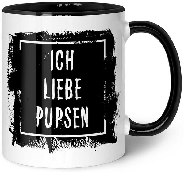 GRAVURZEILE Tasse mit Spruch - Ich liebe Pupsen - Langlebiger Druck - Lustiges Geschenk, aus Keramik - Spülmaschinenfest, Farbe: Schwarz & Weiß