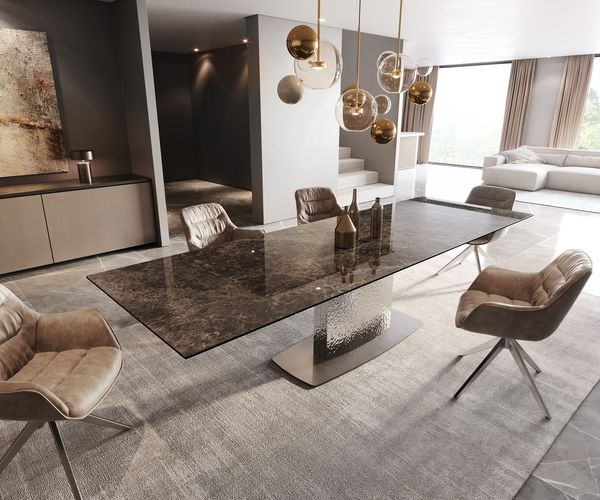 Esstisch Edge 200-300x100 Keramik Emperador Extra Lucidato Dunkelbraun Wave Edelstahl ausziehbar