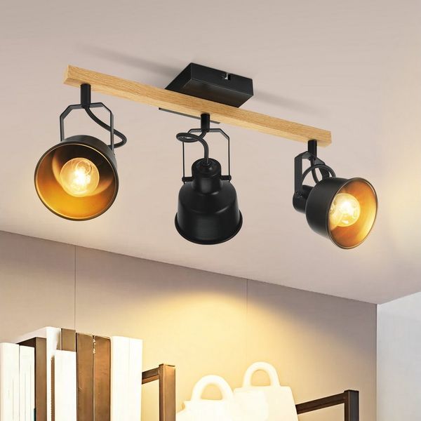 Nettlife Deckenstrahler Vintage Holzmaserung Schwarz/Weiß Schwenkbar 350° 25W E14 Industrial, LED wechselbar, Spotbalken für Wohnzimmer Schlafzimmer Büro
