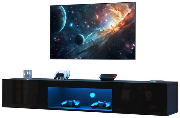 autolock Lowboard Hochglanz-Wand TV-Schrank mit LED-Beleuchtung für 70-Zoll-TV (160×31×22 cm), TV-Board Fernsehschrank TV-Ständer für Wohnzimmer Schlafzimmer