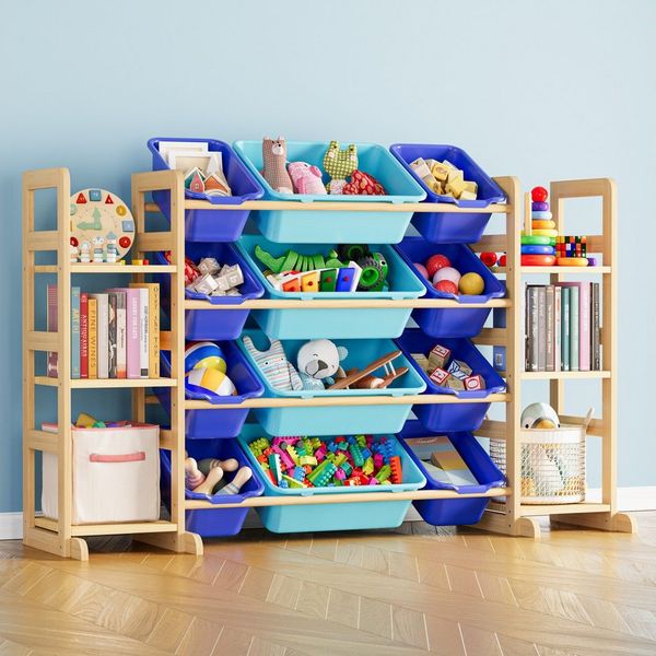 SpaceAid Kinderregal mit 6 Regalen und 12 Behältern, Spielzeug Regal, Bücherregal Kinder