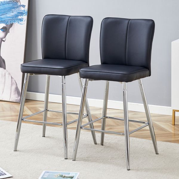 Stuhl Barhocker 2er-Set, schwarz-silber, PU-Sitz 6,6 cm Polster, ergonomische Rückenlehne, Metallgestell,44*44*101 cm