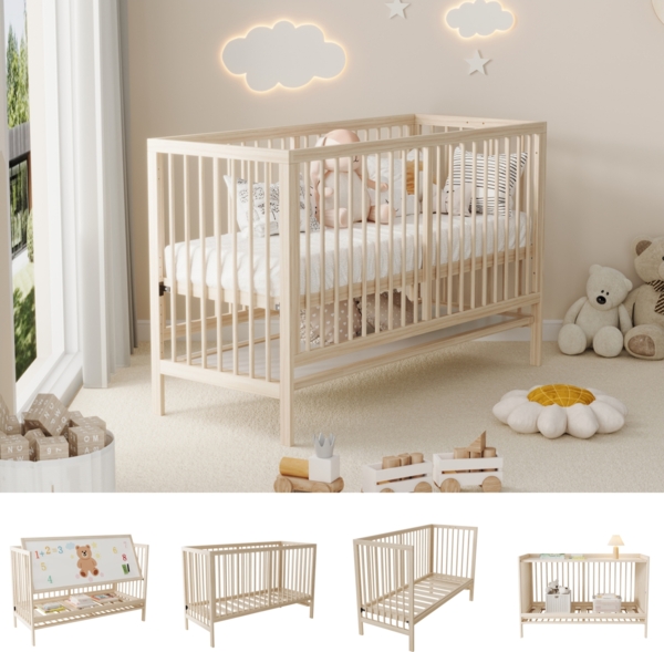 Babybett, Multifunktional umwandelbar (Nebenbett/Schreibtisch), Fichtenholz, Natur, 140 × 60 × 90 cm