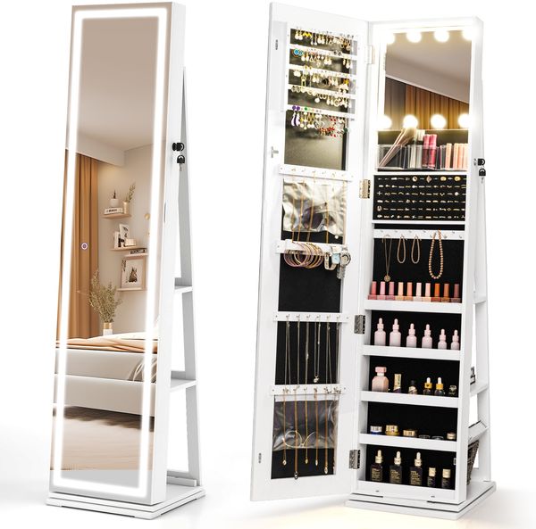 360° Drehbarer Schmuckschrank mit Beleuchtung & Spiegel Spiegelschrank Standspiegel Weiß