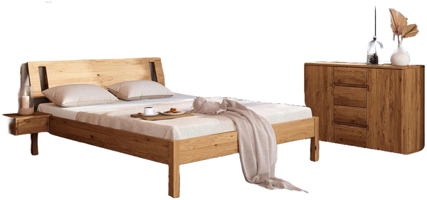 Bett Bento 8 Sonderlänge 120x220 Wildeiche massiv mit Holzkopfteil und Holzbeine