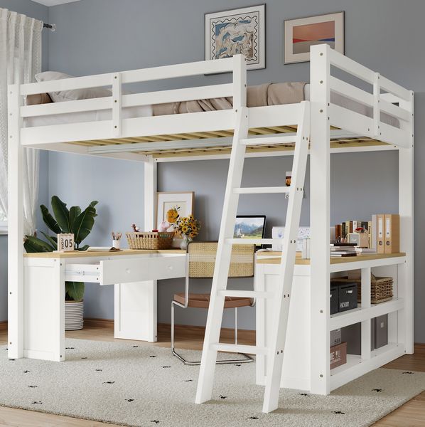 Hochbett 140x200 cm mit U-förmigem Tisch, 2 Schubladen & Regal – Kinderbett in Weiß/Natur