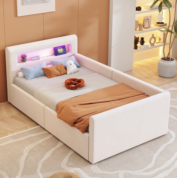Polsterbett Kinderbett 90x200 cm mit LED-Licht, USB-Anschluss und hydraulischem Stauraum in Beige