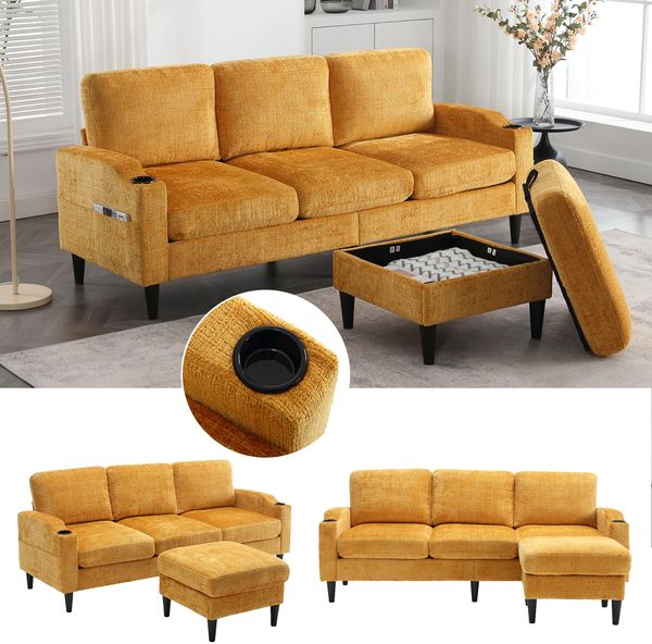 LVHOM Loungesofa mit Hocker & Stauraum, 4-Sitzer, Armlehnen, Getränkehalter, Seitentaschen, weiche Chenille-Stoff, modulare Sofa, Gelb