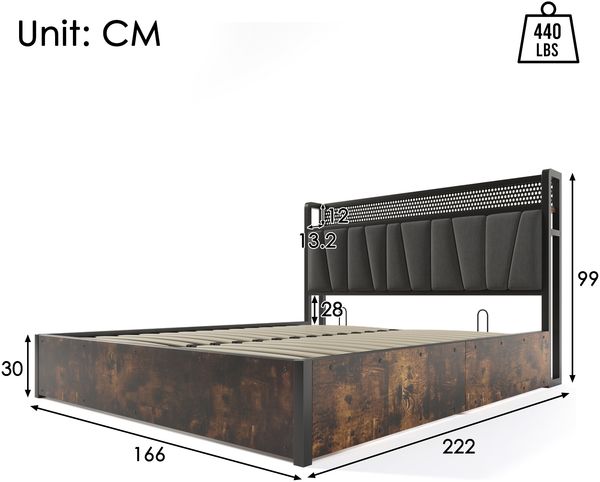 Polsterbett 160×200 cm aus Leinen-Stoff mit LED-Beleuchtung und Steckdosen, grau Bild 4