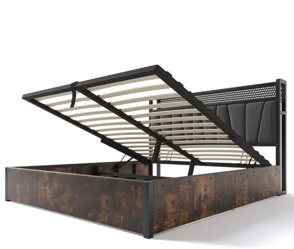 Polsterbett 160×200 cm aus Leinen-Stoff mit LED-Beleuchtung und Steckdosen, grau Bild 6