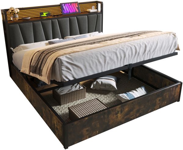 Polsterbett 160×200 cm aus Leinen-Stoff mit LED-Beleuchtung und Steckdosen, grau Bild 5