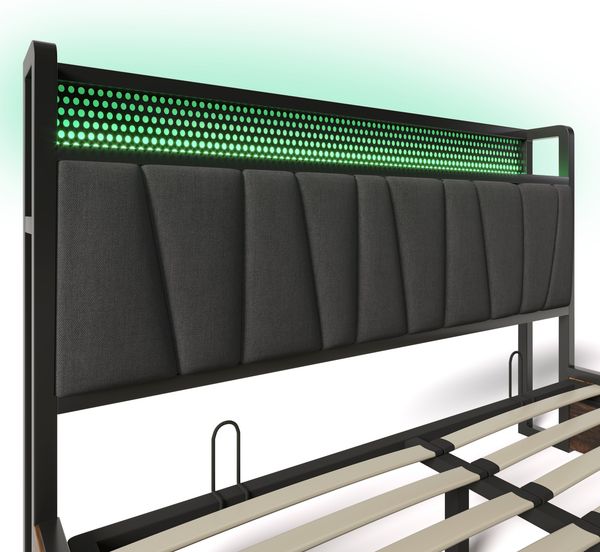 Polsterbett 160×200 cm aus Leinen-Stoff mit LED-Beleuchtung und Steckdosen, grau Bild 10