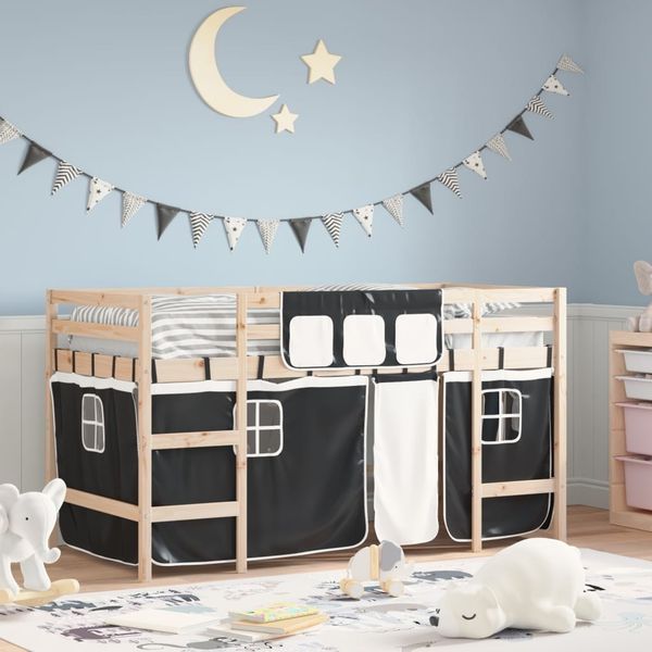 vidaXL Kinderhochbett mit Vorhängen Weiß und Schwarz Massivholz Kiefer 3206955