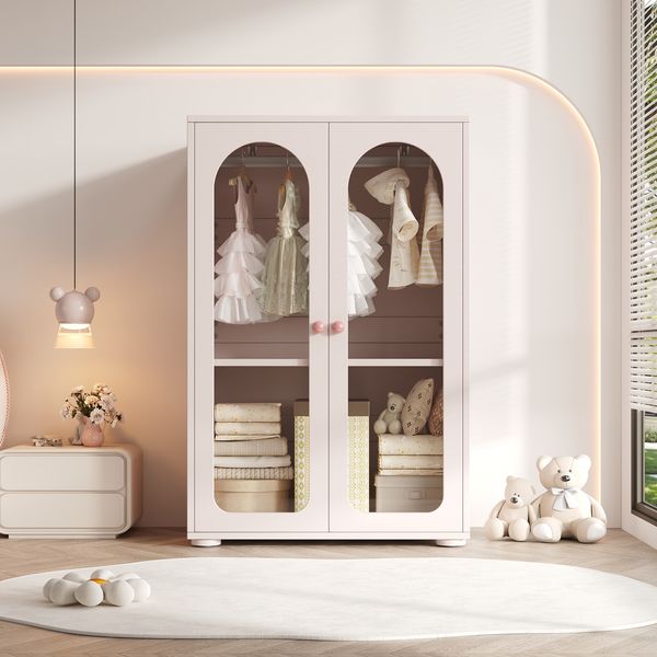 Merax 2-türiger Kleiderschrank, Lackkleiderschrank, Schlafzimmer-Aufbewahrungsschrank, Kinderkleiderschrank, mit Kleiderstange, Acryl-Transparenttüren, Keramikgriffen, Babyrosa, 80×50×120 cm