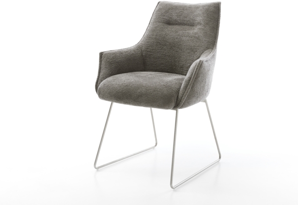 Esszimmerstuhl Alja-Flex mit Armlehnen Bouclé Soft Schlamm Kufengestell Edelstahl Taschenfederkern