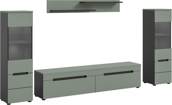 Wohnkombination inkl Beleuchtung (B/H/T: 272x141x33 cm) in Smoke Green Nachbildung