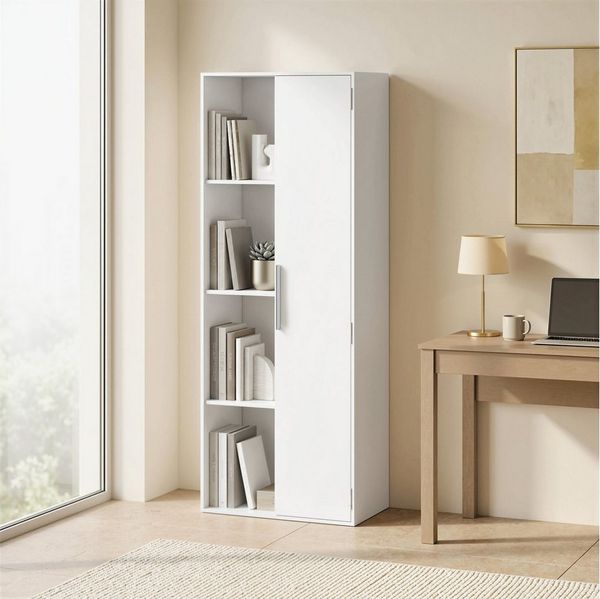 HOMCOM Bücherregal mit Tür und 4 offenen Regalebenen, verstellbaren Ablagen, Bücherschrank 1-tlg, 60 x 35 x 160 cm für Büro, Wohnzimmer, Schlafzimmer, Weiß