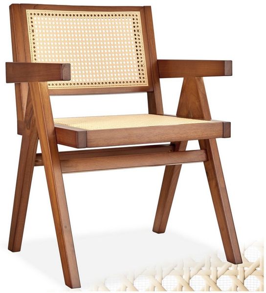 tectake Esszimmerstuhl Armlehnstuhl im Boho-Stil, 59 x 56,5 x 82,5 cm, Belastbarkeit 120 kg (Sessel Lissy in Eiche dunkel, 1 St), große Rückenlehne und Sitzfläche mit Wiener Geflecht, Holzgestell