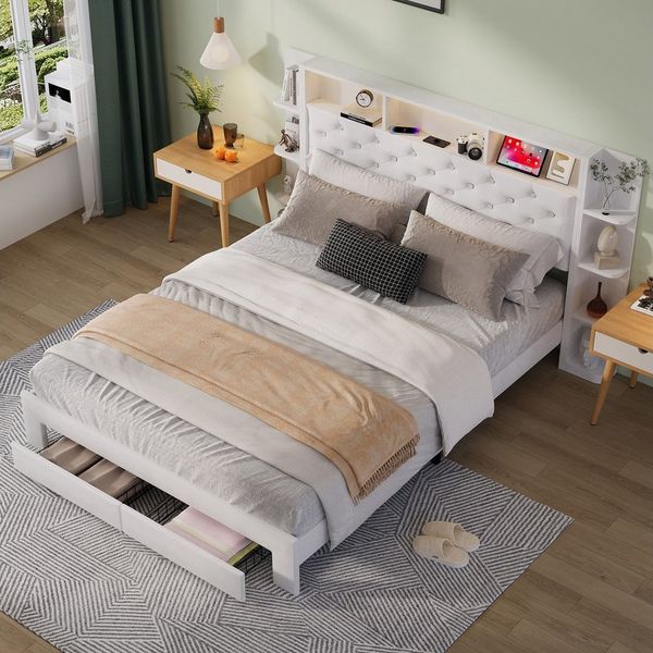 ADWOLT Polsterbett Doppelbett Stauraumbett mit LED-Licht (Bettgestell, 1-tlg, Mit Kopfteil und Lattenrost), 140x200 cm,Kopfteil mit Ablagefach,2 Schubladen,USB+Typ C+Steckdose