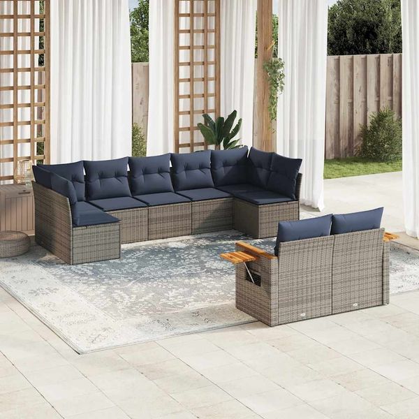 vidaXL 9-tlg. Garten-Sofagarnitur mit Kissen Grau Poly Rattan 3227132