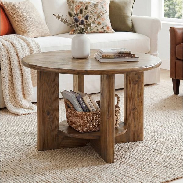 Tribesigns Couchtisch Massivholz Ø 80 cm, 2-stöckig Wohnzimmertisch im Landhausstil (1x Couchtisch 1xZubehörpaket 1xAnleitung), Beistelltisch mit Ablagefächern aus Holz für Wohnzimmer, Braun