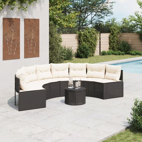 vidaXL Gartensofa mit Tisch und Kissen Halbrund Schwarz Poly-Rattan 3318526