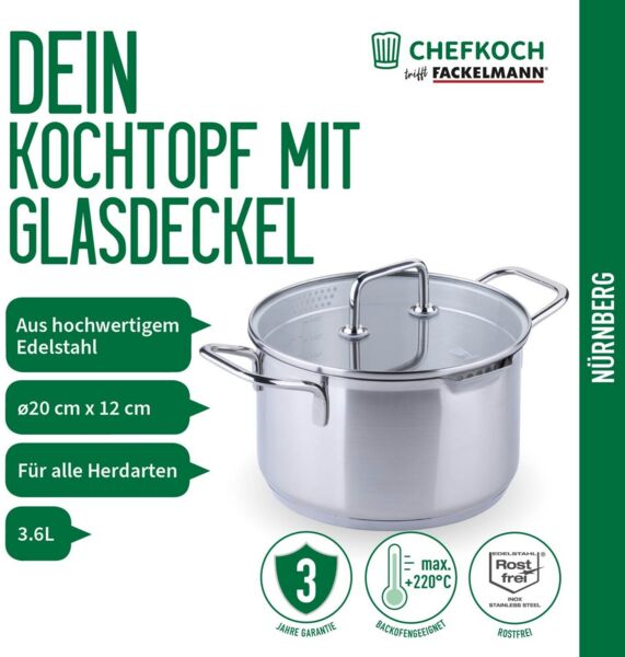 Chefkoch trifft Fackelmann Kochtopf mit Glasdeckel, Ø 20 cm, induktionsgeeignet, backofengeeignet