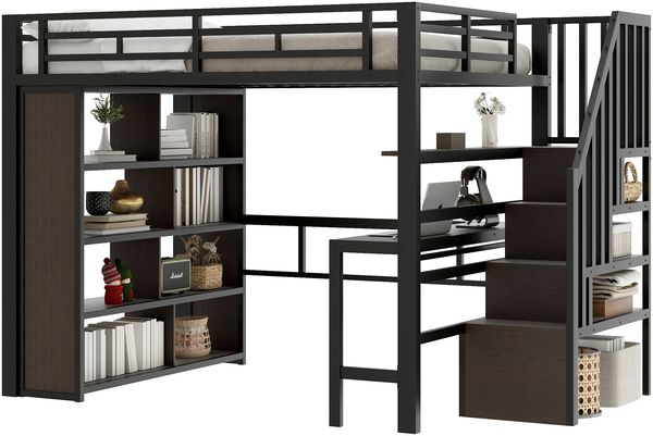 Hochbett Liegefläche 140x200 cm aus Metall und MDF mit Schreibtisch, LED-Lichtleiste und Stauraumstufen Bild 7