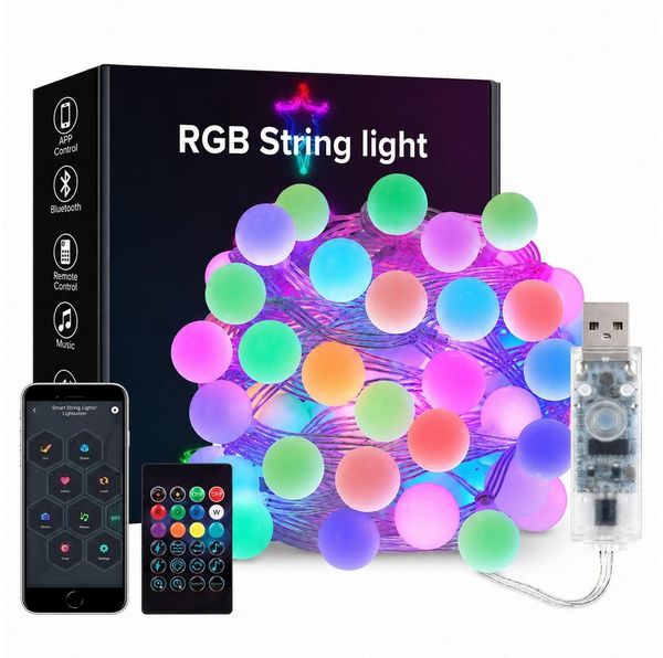 PRIISF Lichterkette Smart Lichterketten Kugel LED Discokugel Partylicht RGB Weihnachten, Nachtlicht für Weihnachten, Hochzeit, Party, Zimmer, Wohnheim, Garten