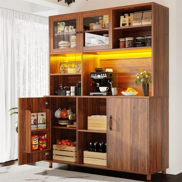REDOM Hochschrank Standvitrine mit LED-Beleuchtung (mit Snackablage,Retro-Stil, Walnussfarbe, 1-St, 140 × 40 × 185 cm)
