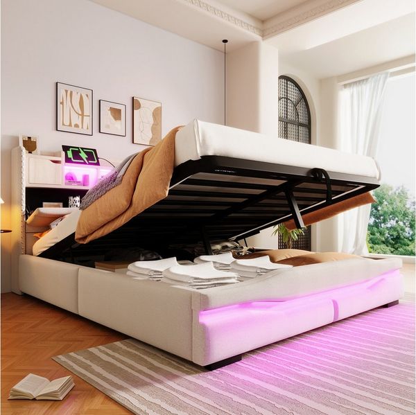 Merax Polsterbett (Stauraumbett aus Leinenstoff, 1-tlg, Kopfteil mit Ablage), Hydraulisches Doppelbett 160x200cm mit LED Ladefunktion Ablagefächern