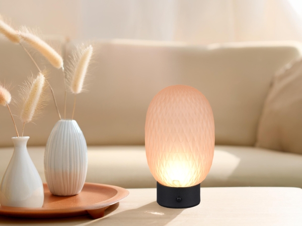 Kleine Akku Tischlampe FACETTE mit Glasschirm Bernsteinfarbig, Höhe 20,5cm