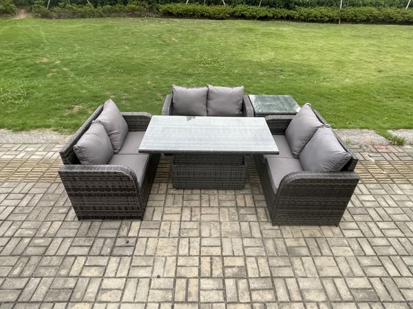 Fimous Rattan Möbel Garten Essplatz Höhen justierbarer steigender Hubtisch im Freien mit Liebes Sofa Beistelltisch