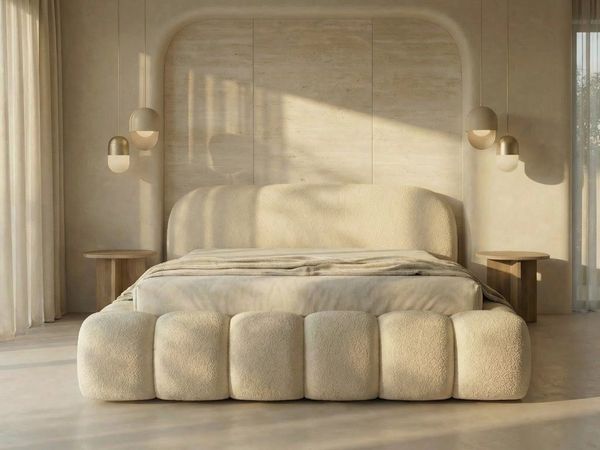 yourhouse24 Polsterbett Orlando Slim Bouclé kompaktes Wolkenbett mit Bettkasten, Bubble-Optik & Japandi
