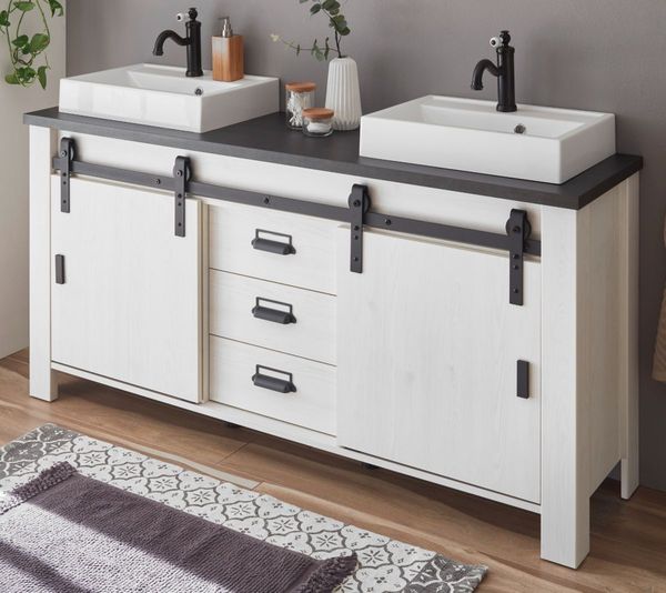 Doppelwaschtisch mit Waschbecken Stove in weiß Pinie Landhaus 164 cm