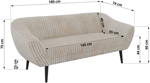 Sofa, Wohnzimmersofa PIRS 3, Skandinavisches Sofa 3-Sitzer, Sofa mit Wellenfederung, schwarze Füße, Breite 180 cm Hoher Sitzkomfort - Beige Cord Bild 5
