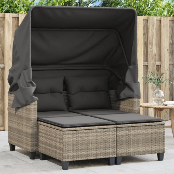 vidaXL Gartensofa 2-Sitzer mit Dach und Hockern Hellgrau Poly Rattan 365786