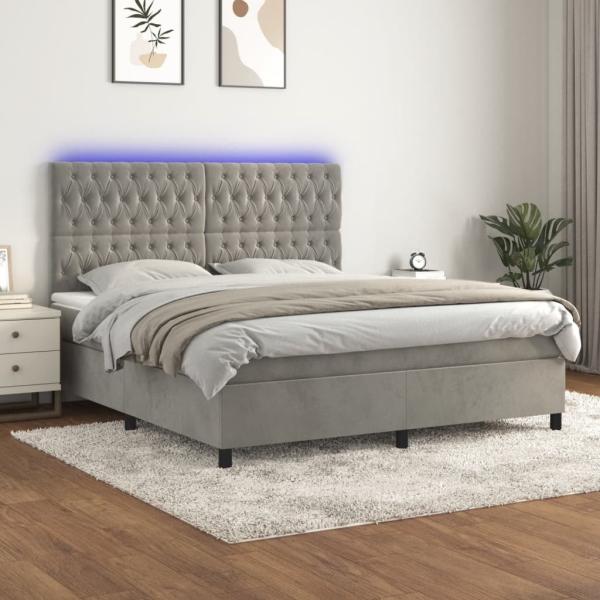 vidaXL Boxspringbett mit Matratze & LED Hellgrau 180x200 cm Samt 3136317