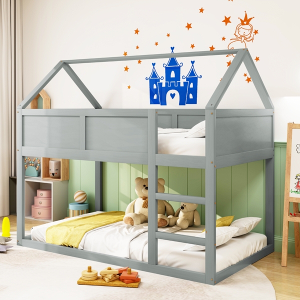 Niedriges Etagenbett Grau 90x200 Holz Metall Konstruktion 120kg Tragkraft Platzsparend Kinderzimmer Geschwisterbett 16 Lamellen