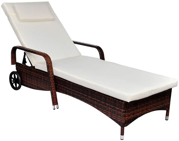 Sonnenliege, Gartenliege mit Polster & Rollen Poly Rattan Braun