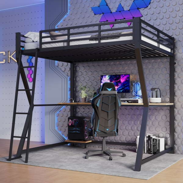 Bett 140x200 cm Hochbett mit Schreibtisch und LED-Beleuchtung – stabiler Eisenrahmen mit Computerablage